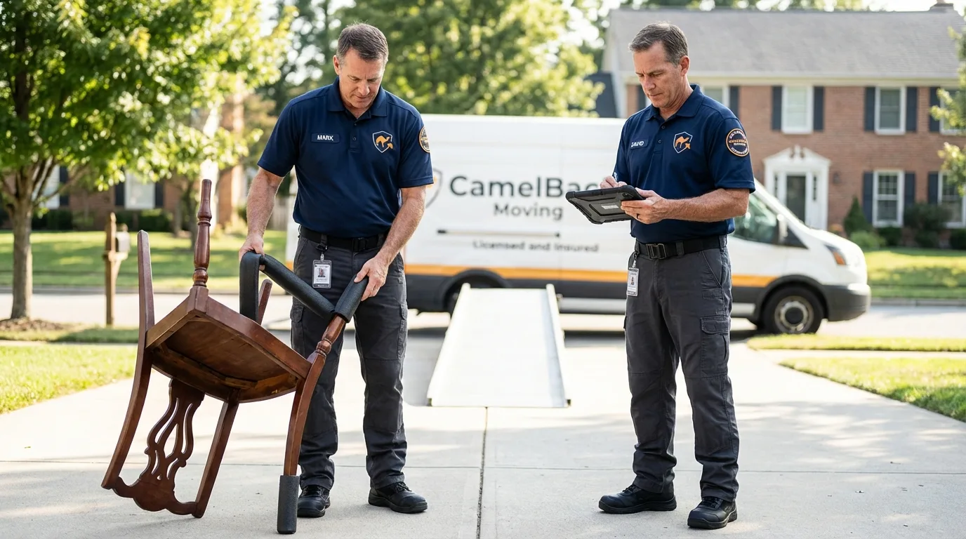Movers inspecting furniture for damage prevention before loading in Sultan, WA