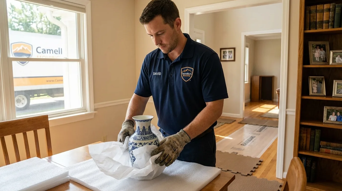 Professional crew carefully wrapping antique vase for senior downsizing move in Sultan, WA